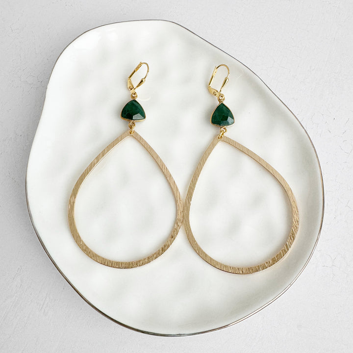 Large Emerald Teardrop Statement Earrings in Brushed Gold