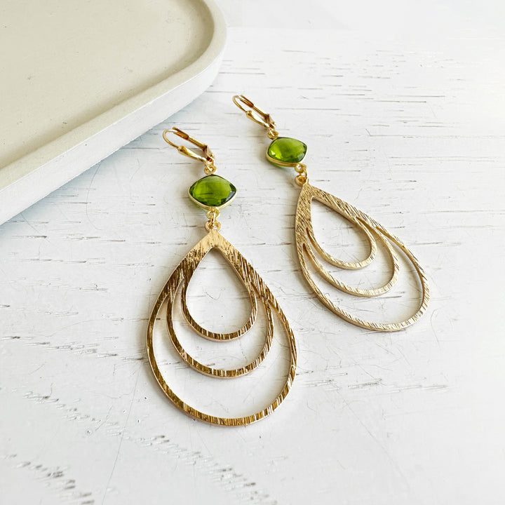 Green Peridot Teardrop Earrings in Brushed Gold