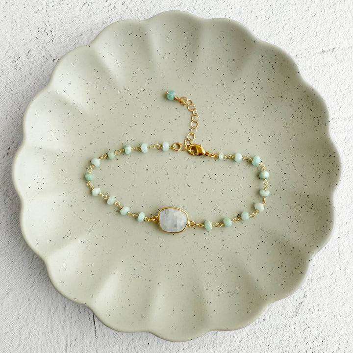 Moonstone and Amazonite Beaded Chain Bracelet in Gold