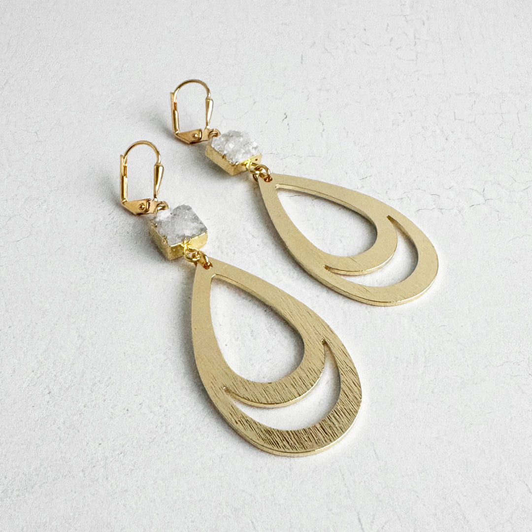 White Gray Druzy Teardrop Earrings in Brushed Gold