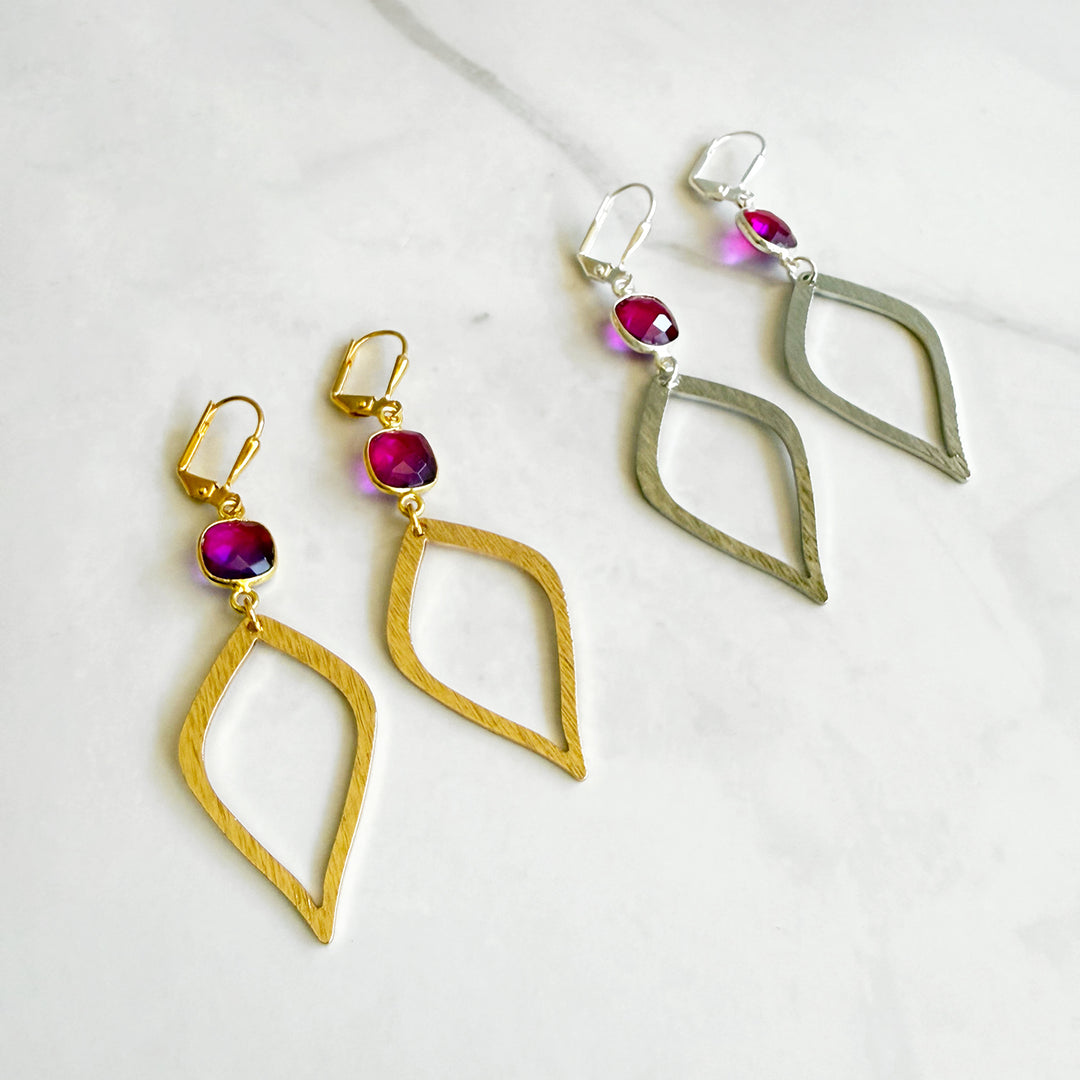 Pink Purple Aura Quartz Halo Drop Dangle Earrings