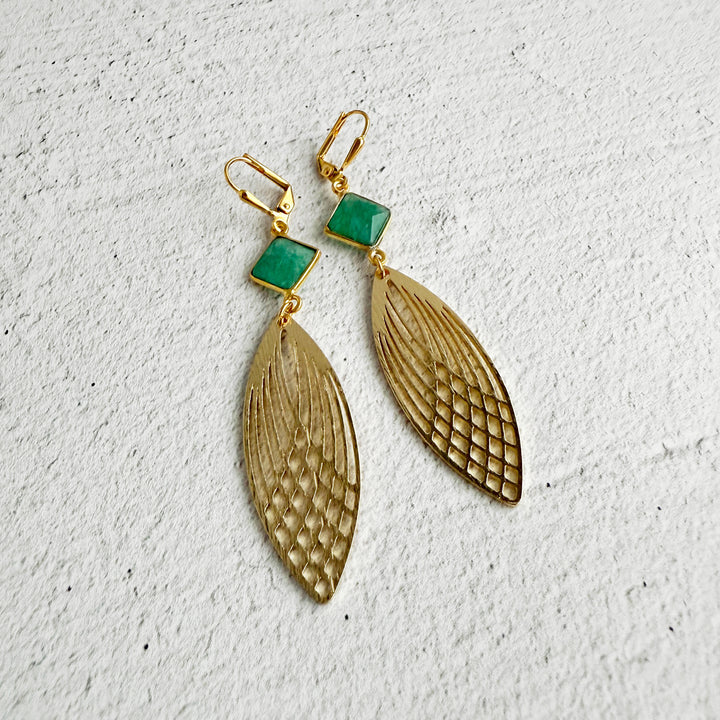 Raw Emerald and Patterned Marquise Earrings in Brushed Gold