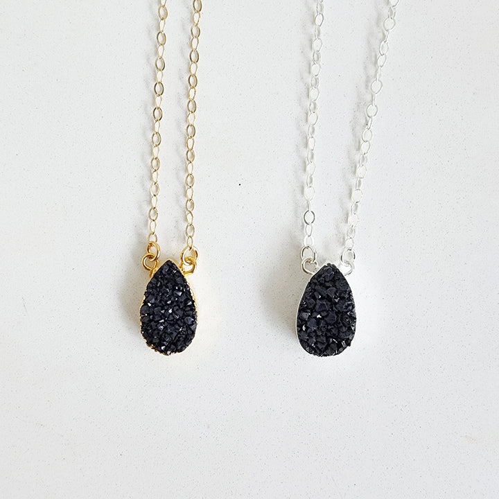 Black Druzy Teardrop Necklace in Gold and Silver