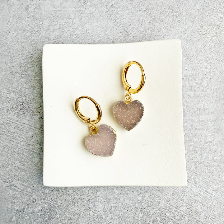 Pale Pink Druzy Heart Huggie Earrings in Gold