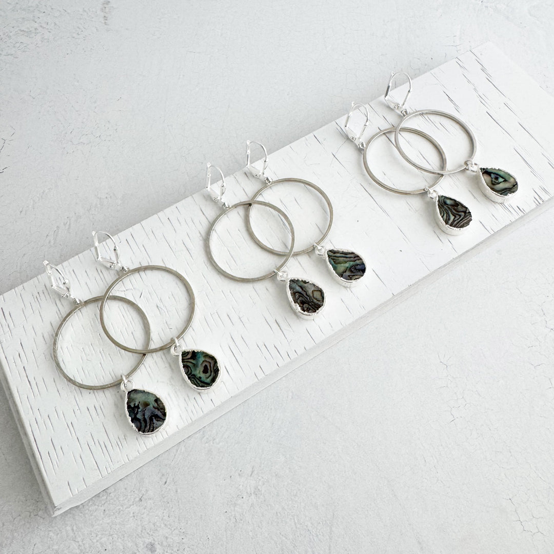 Abalone Teardrop Hoop Dangle Earrings in Brushed Silver