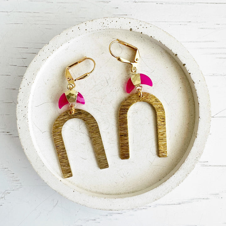 Fuchsia Crescent Horseshoe Statement Earrings in Brushed Brass Gold