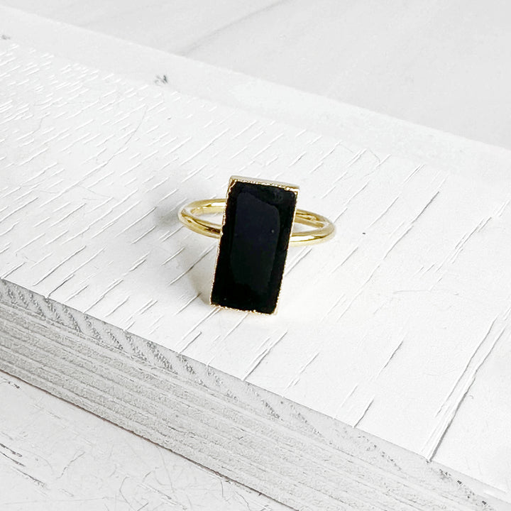 Small Black Onyx Rectangle Statement Ring in Gold