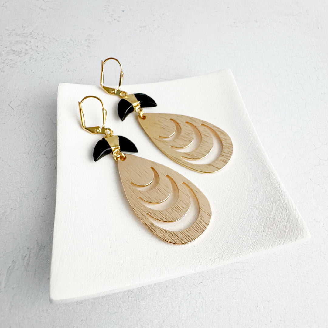 Black Onyx Crescent Earrings in Brushed Gold