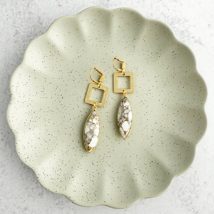 White Mojave Marquise and Square Dangle Earrings in Brushed Gold