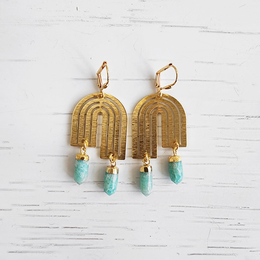 Asymmetrical Rainbow Pendant and Amazonite Earrings in Brushed Brass Gold