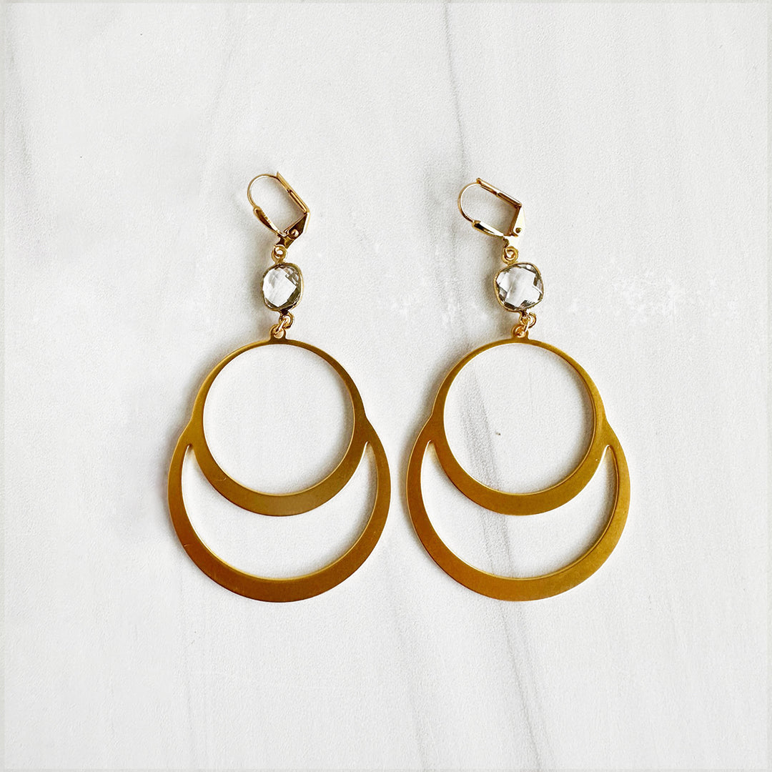 Statement Hoop Earrings with Clear Quartz Stone in Brushed Brass Gold