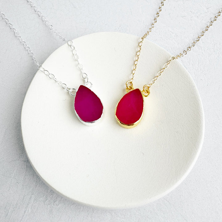 Fuchsia Chalcedony Teardrop Necklace in Gold and Silver