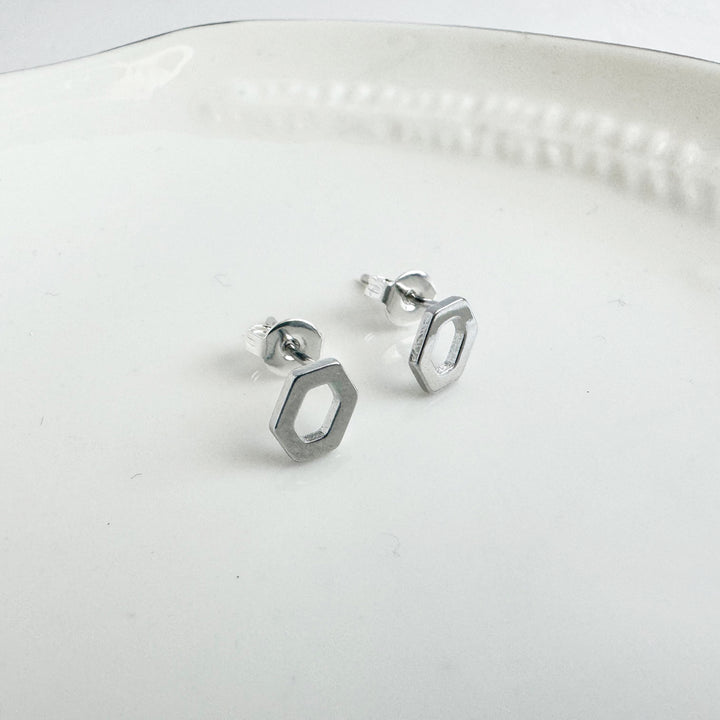 Open Hexagon Stud Earrings in Silver