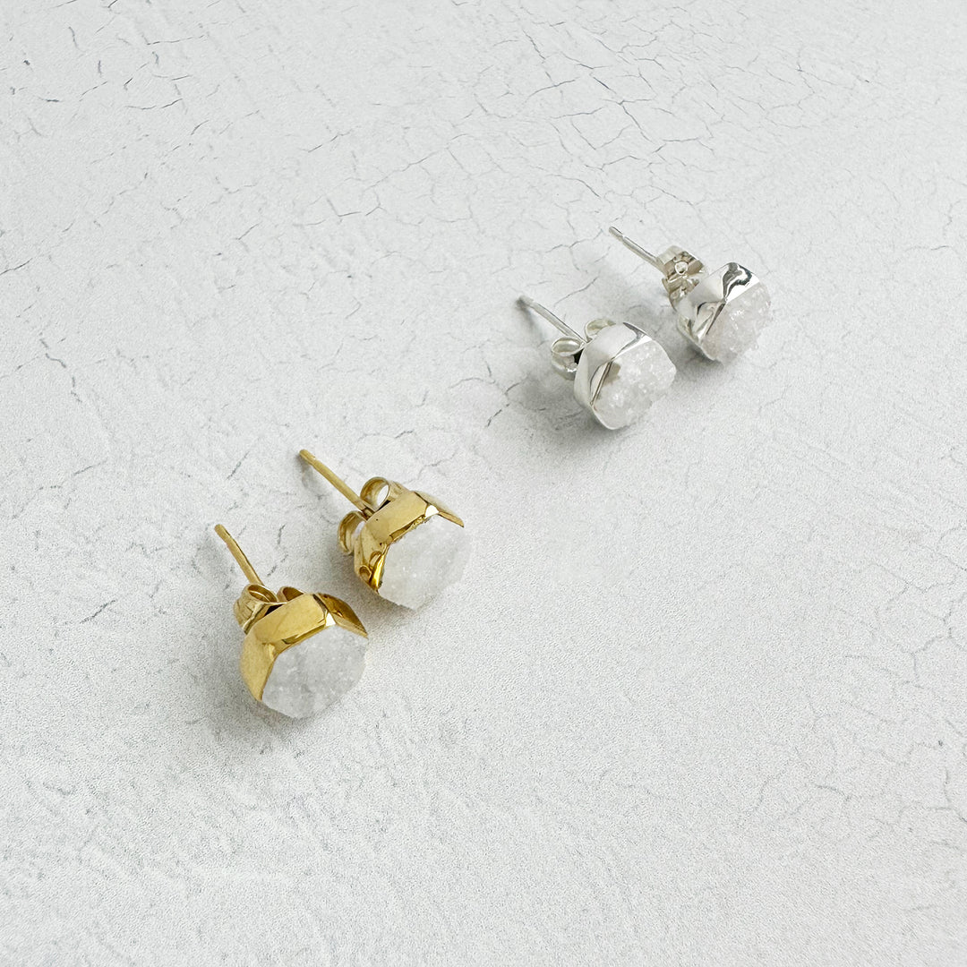 White Druzy Hexagon Stud Earrings in Gold and Silver