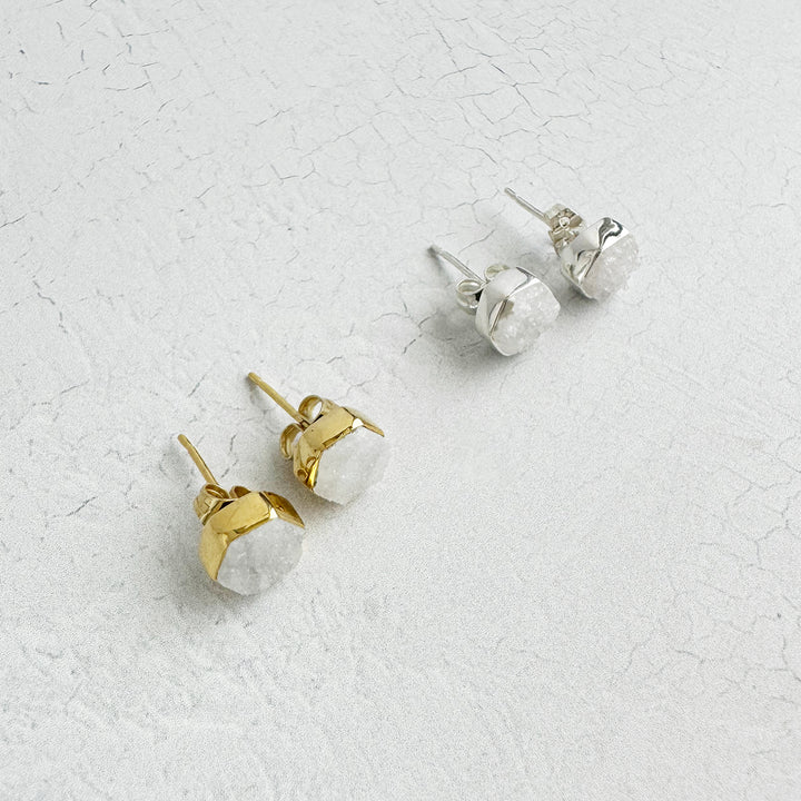 White Druzy Hexagon Stud Earrings in Gold and Silver