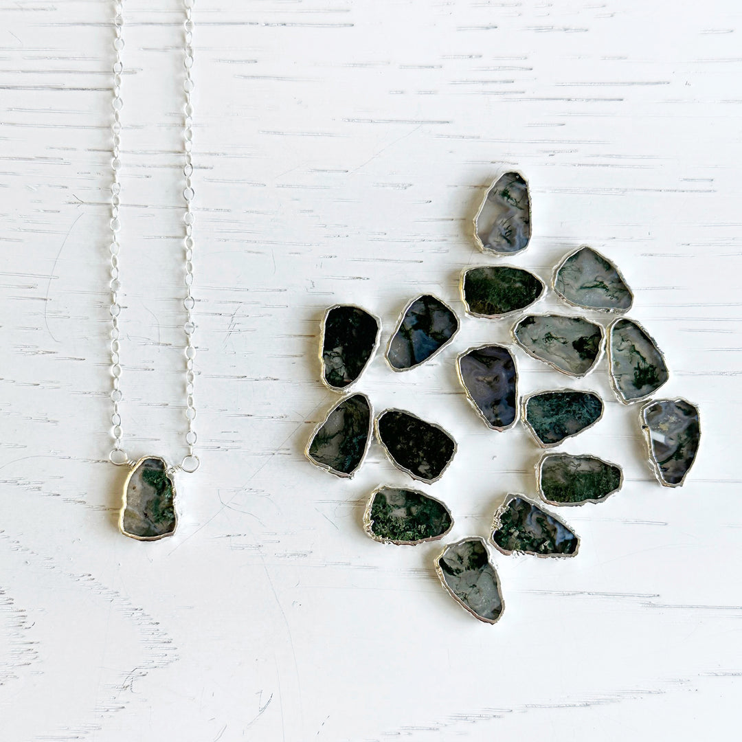 Moss Agate Gemstone Slice Necklace in Sterling Silver