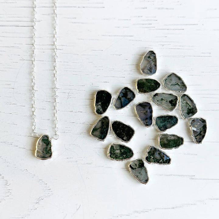 Moss Agate Gemstone Slice Necklace in Sterling Silver