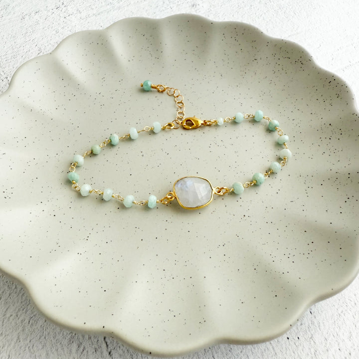 Moonstone and Amazonite Beaded Chain Bracelet in Gold