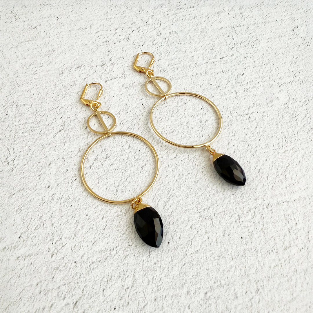 Black Stone Geometric Hoop Dangle Earrings in Gold
