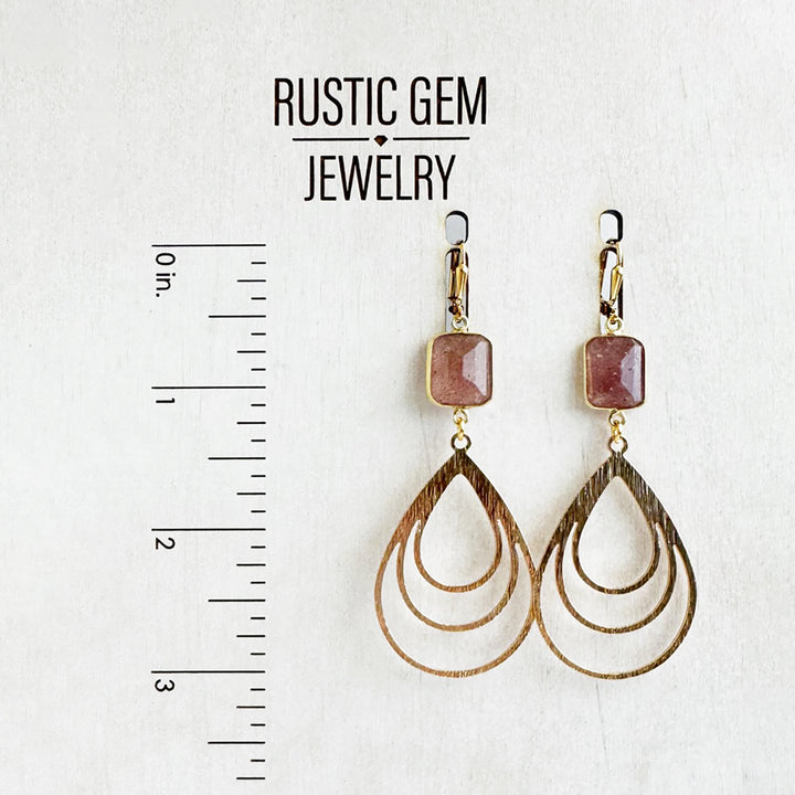 Strawberry Quartz Multiple Teardrop Earrings in Brushed Gold