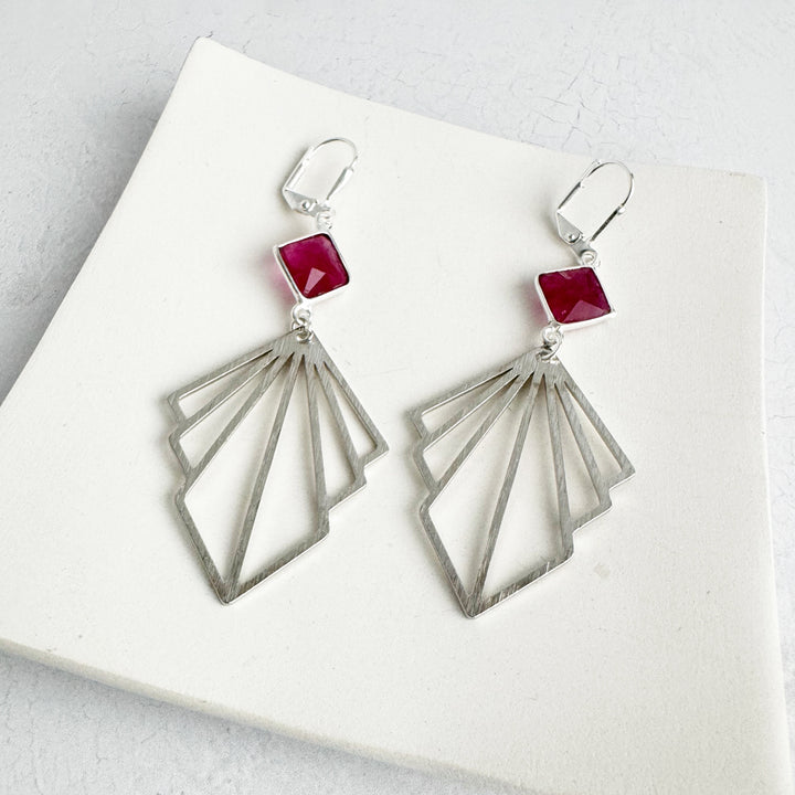 Ruby and Layered Fan Statement Earrings in Brushed Silver