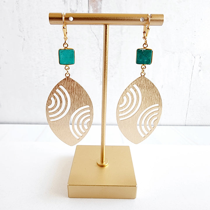 Tibetan Turquoise and Rainbow Etched Marquise Earrings in Brushed Gold