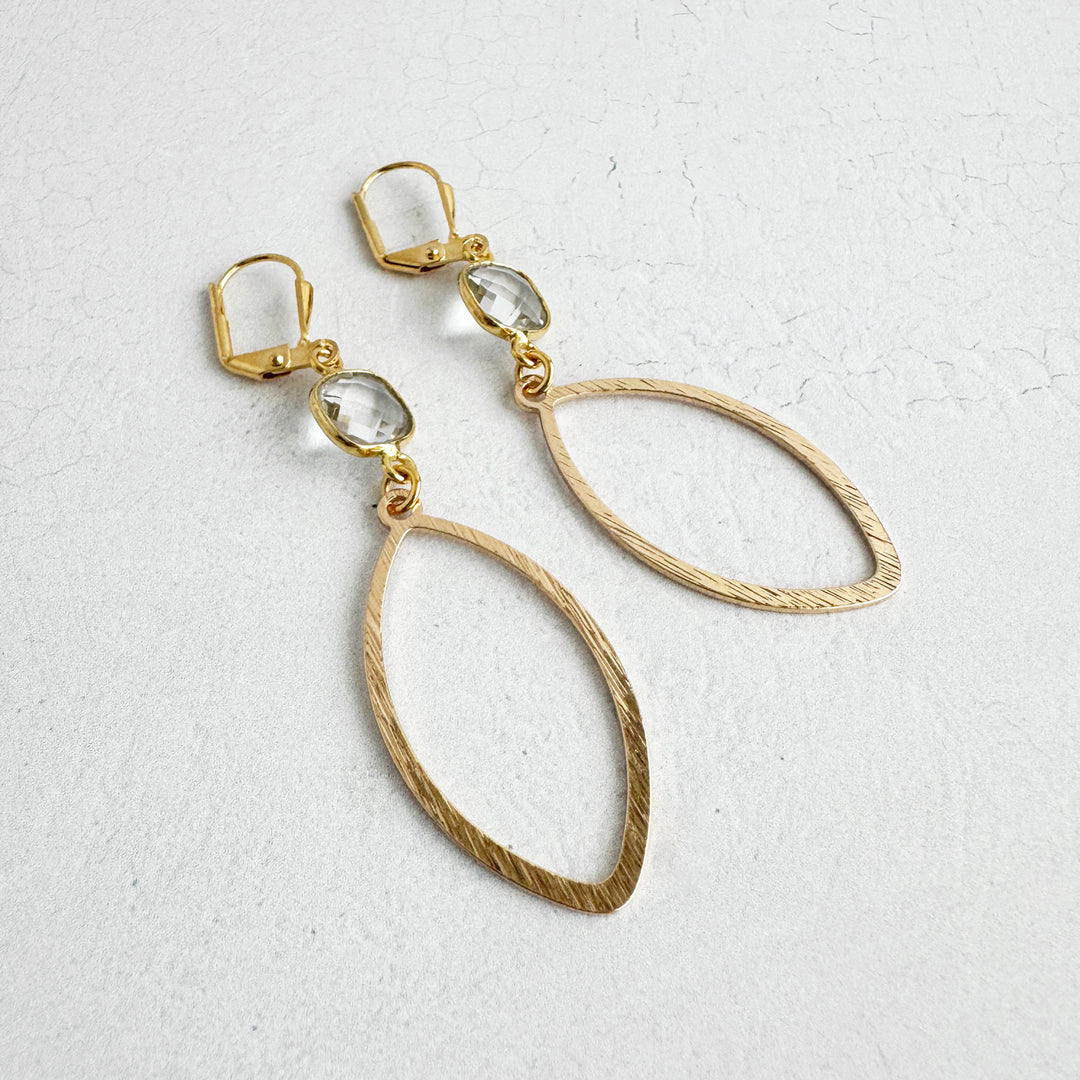 Clear Stone Marquise Dangle Earrings in Brushed Gold