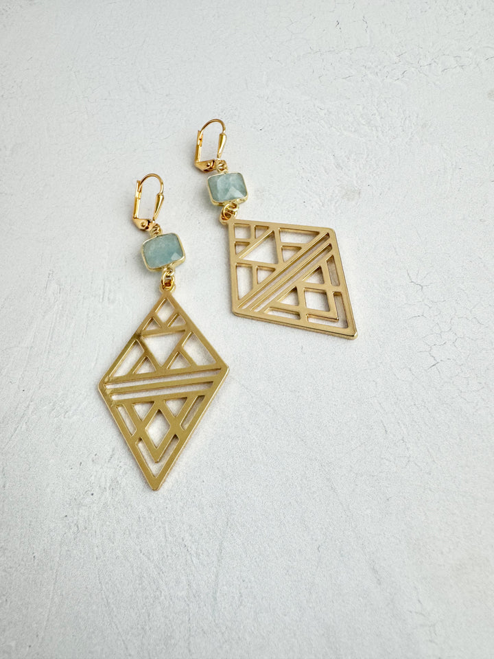 Gold Patterned Diamond Statement Earrings with Aquamarine Stones