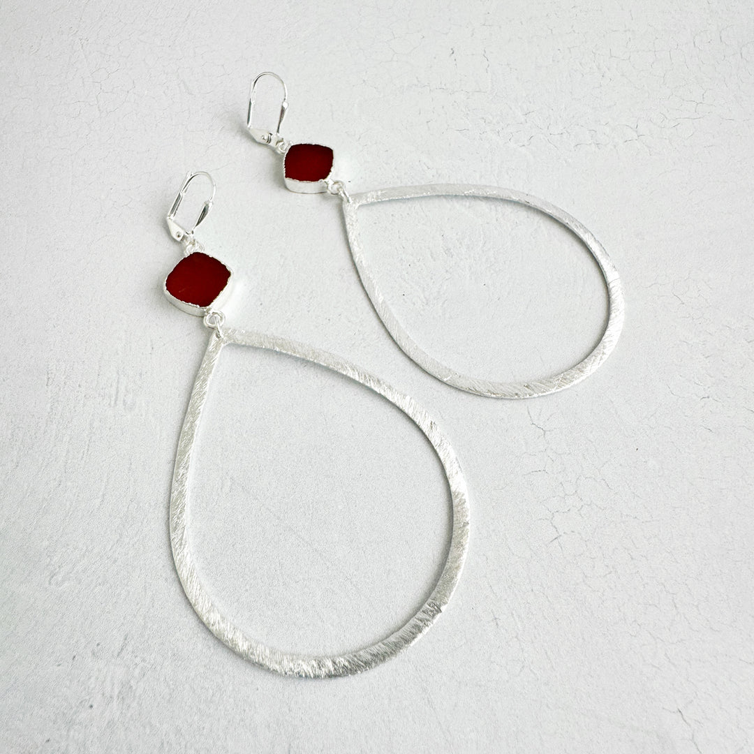 Large Carnelian Teardrop Earrings in Brushed Silver