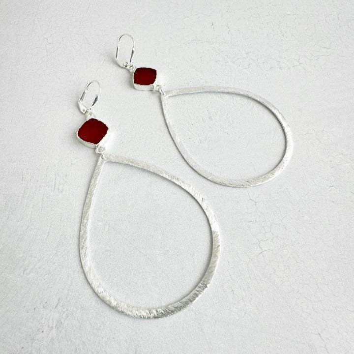 Large Carnelian Teardrop Earrings in Brushed Silver