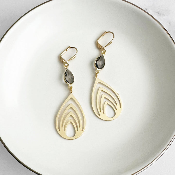 Lotus Teardrop Earrings with Smoky Quartz Stones