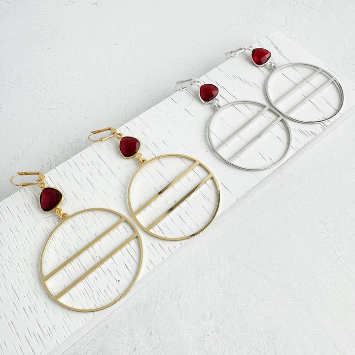 Garnet Geometric Hoops in Gold and Silver