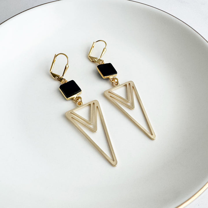 Black Onyx and Layered Triangle Statement Earrings in Gold