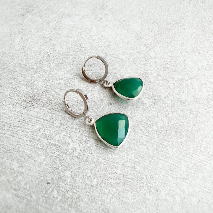 Green Onyx Triangle Bezel Huggie Earrings in Silver