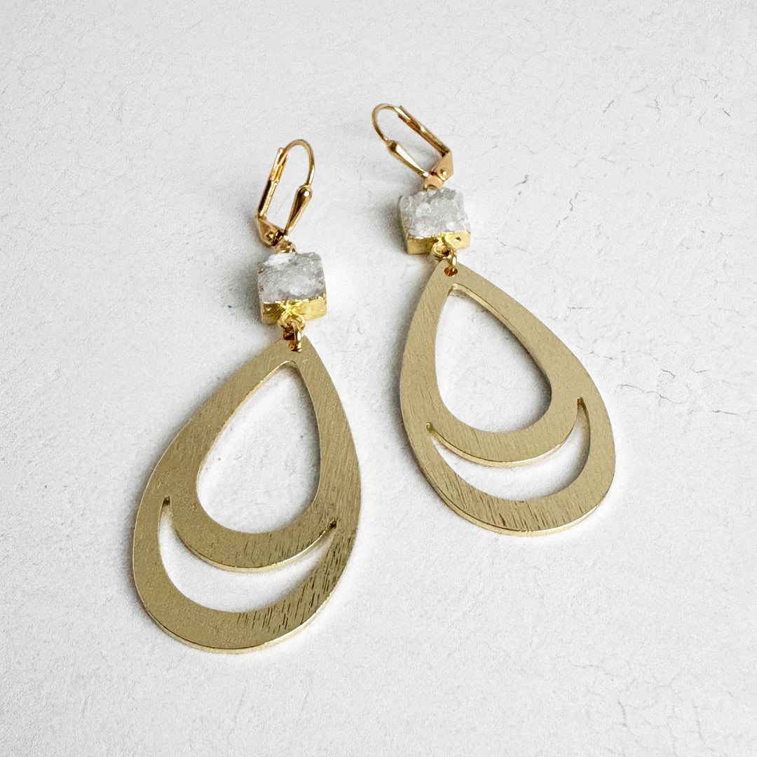 White Gray Druzy Teardrop Earrings in Brushed Gold