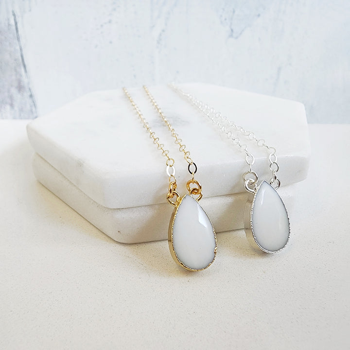 White Agate Teardrop Necklace in Gold and Silver