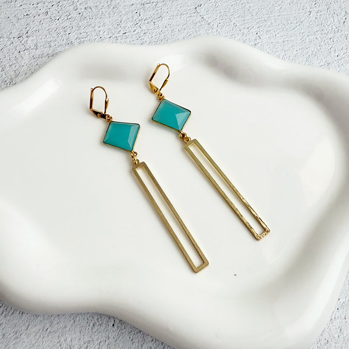 Aqua Chalcedony Rectangle Dangle Earrings in Brushed Gold