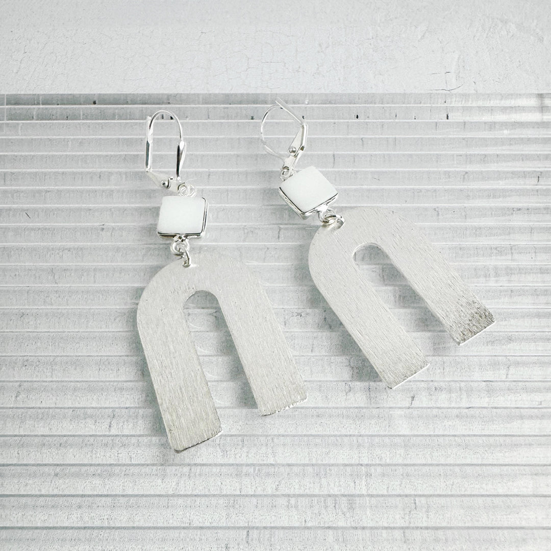 White Agate Horseshoe Earrings in Brushed Silver