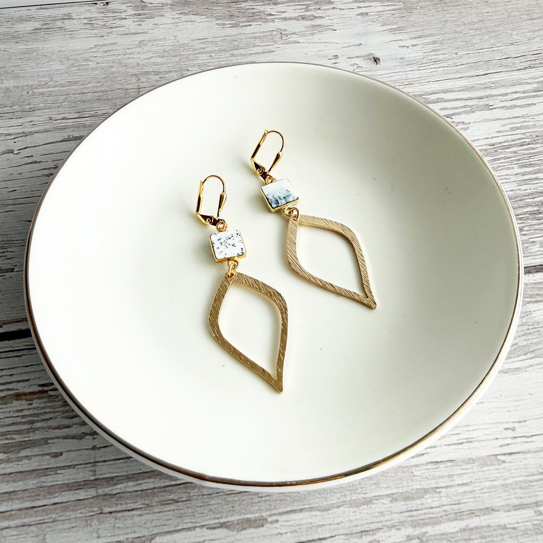 Dendrite Opal Halo Drop Dangle Earrings in Brushed Gold
