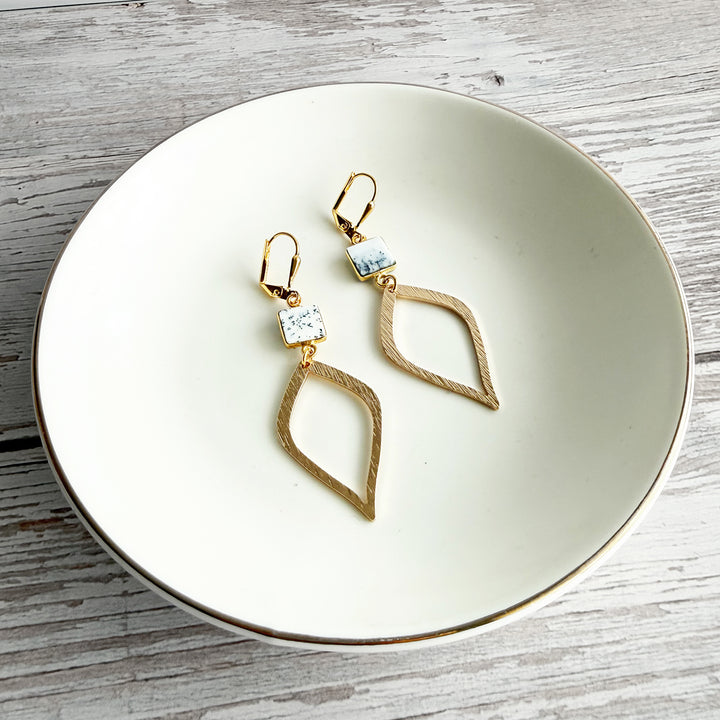 Dendrite Opal Halo Drop Dangle Earrings in Brushed Gold