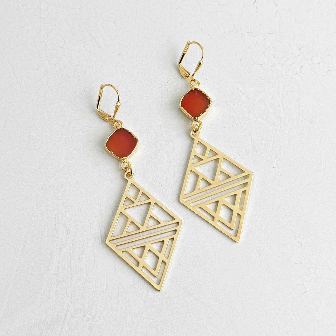 Carnelian and Geometric Diamond Statement Earrings in Gold