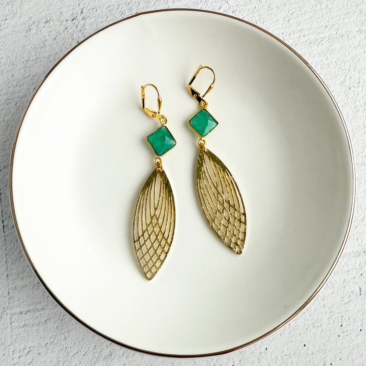 Raw Emerald and Patterned Marquise Earrings in Brushed Gold