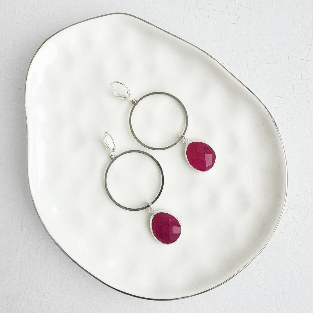 Fuchsia Chalcedony Hoop Dangle Earrings in Brushed Gold and Silver