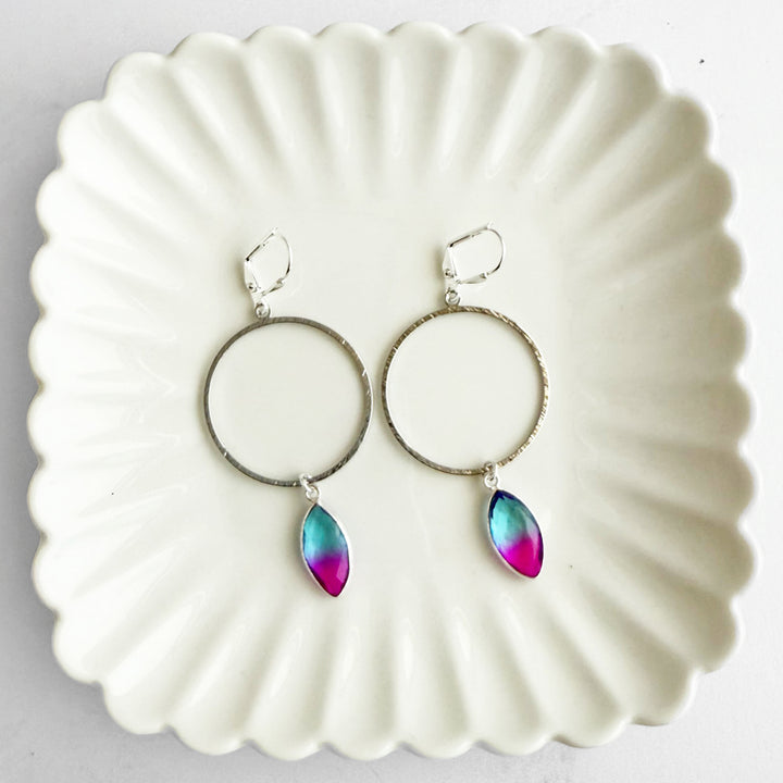 Blue Purple Aura Quartz Hoop Dangle Earrings in Silver