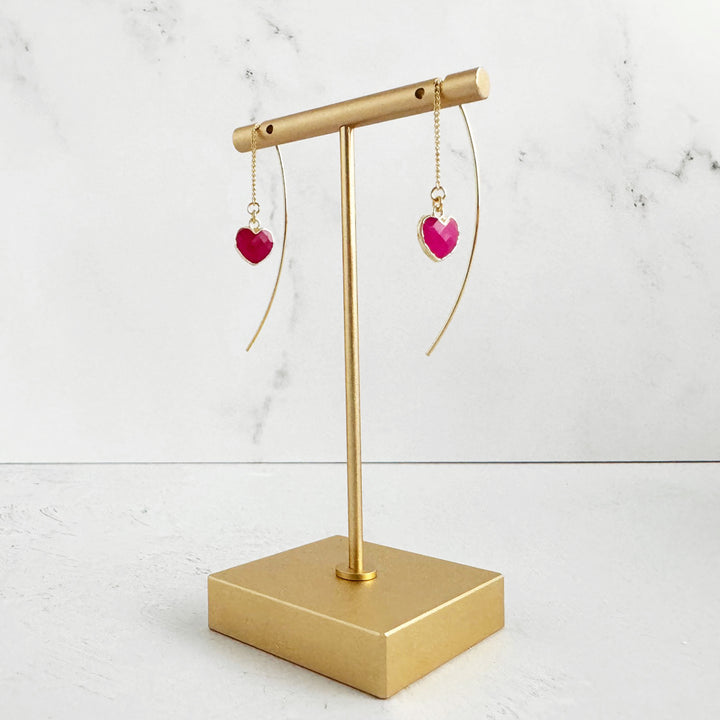 Fuchsia Heart Drop Chain Earrings in Gold