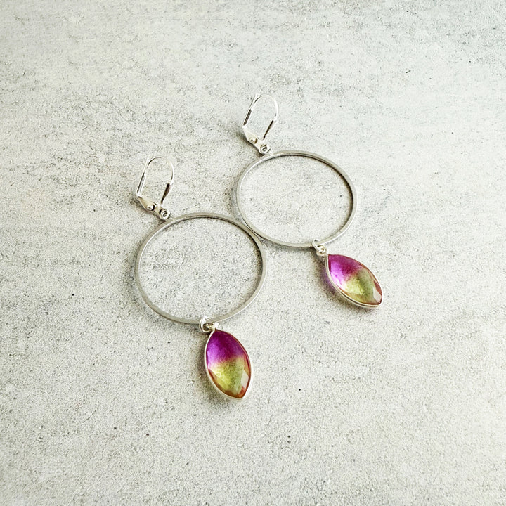 Yellow Pink Aura Quartz Hoop Dangle Earrings in Silver