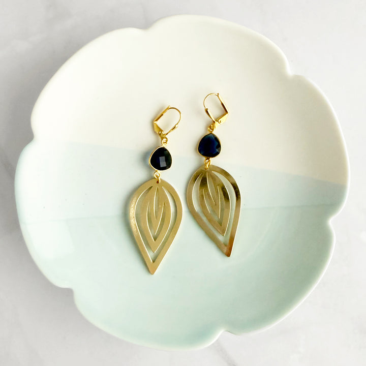 Dark Blue Chalcedony and Inverted Lotus Earrings in Gold