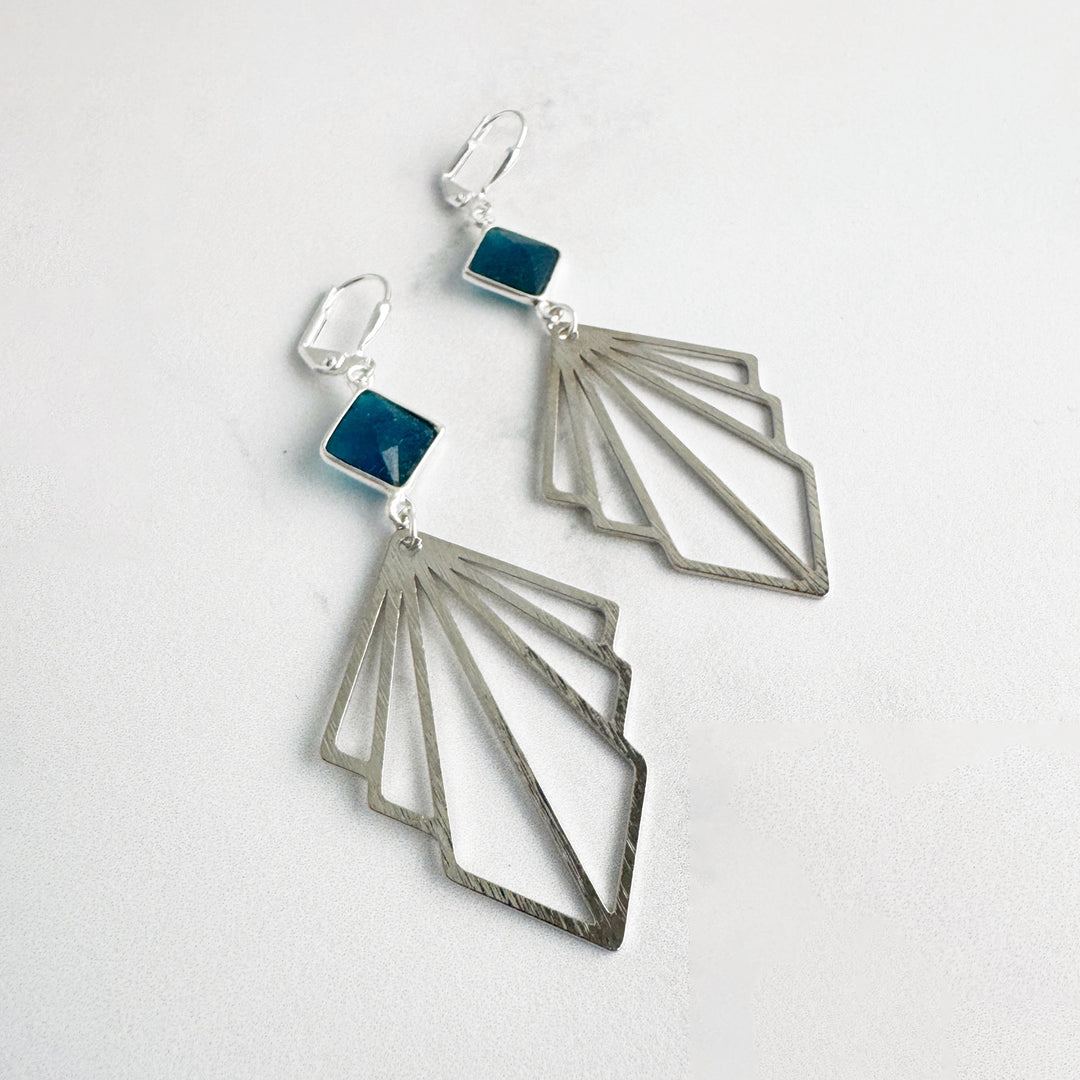 Apatite and Layered Fan Statement Earrings in Brushed Silver