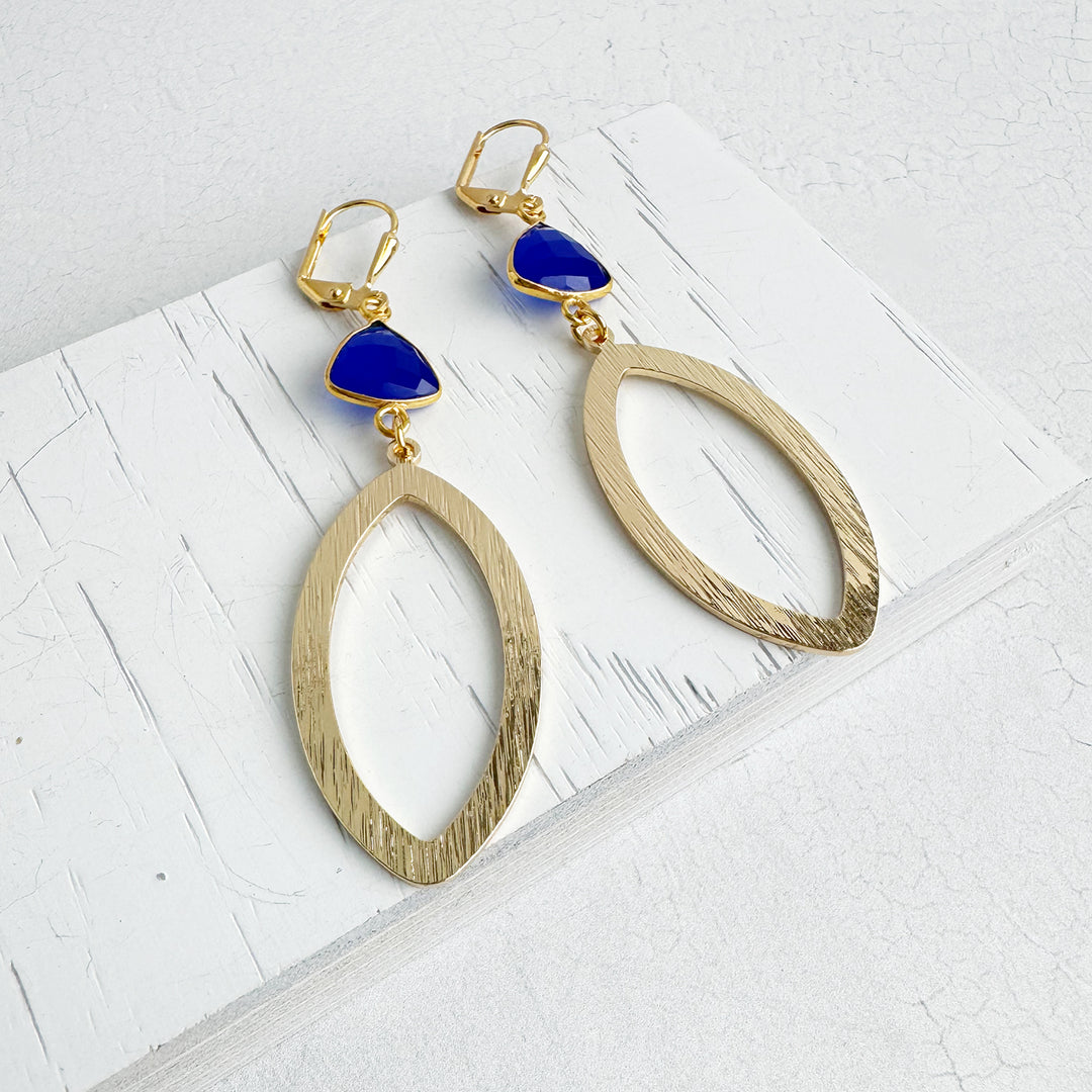 Blue Chalcedony Marquise Earrings in Brushed Gold