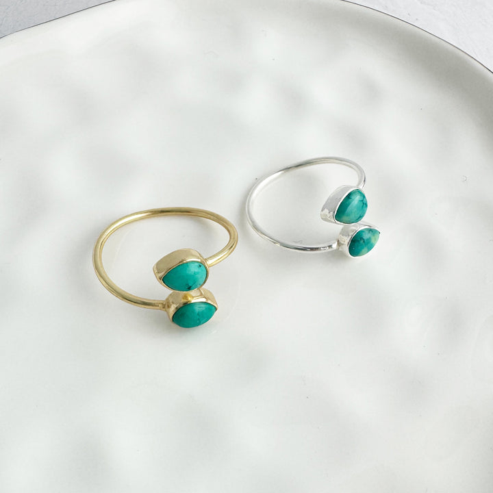 Tibetan Turquoise Double Stone Wrap Ring in Gold and Silver